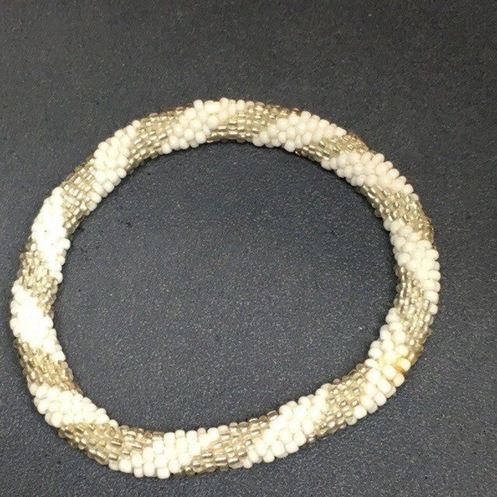 Seed Bead Slinky Bracelet White Iridescent Beige Spiral Stripe Retro BoHo
